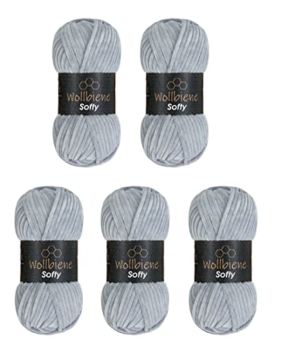 Wollbiene Softy 5 x 100 Gramm chenille wolle zum häkeln Strickwolle, Babywolle, 500 Gramm Chenille Wolle Super Bulky crochet yarn (silber grau 35) von Wollbiene