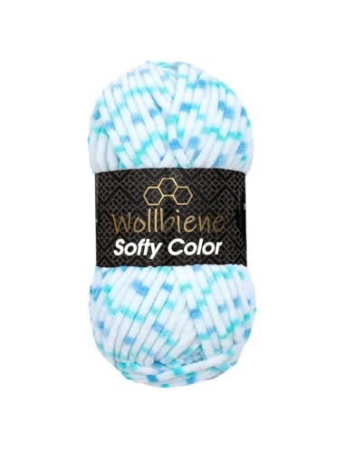 Wollbiene Softy Color 100 Gramm Chenillewolle Strickwolle, Multicolor, 100 Gramm Wolle Super Bulky (110 weiß blau türkis) von Wollbiene