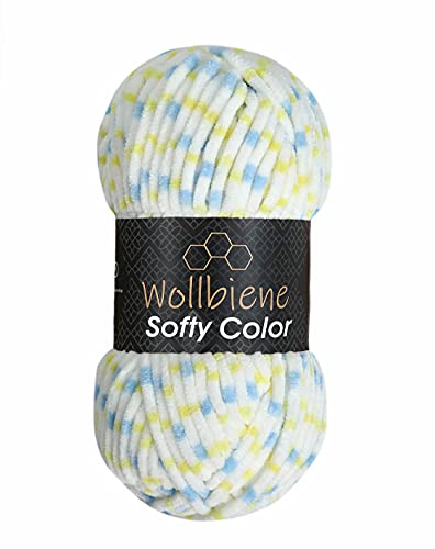 Wollbiene Softy Color 100 Gramm Chenillewolle Strickwolle, Multicolor, 100 Gramm Wolle Super Bulky (114 weiß blau gelb) von Wollbiene