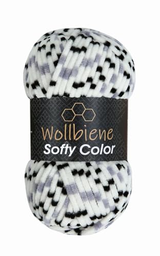 Wollbiene Softy Color 100 Gramm Chenillewolle Strickwolle, Multicolor, 100 Gramm Wolle Super Bulky (115 schwarz grau weiß) von Wollbiene