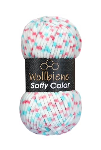 Wollbiene Softy Color 100 Gramm Chenillewolle Strickwolle, Multicolor, 100 Gramm Wolle Super Bulky (117 weiß rosa petrol) von Wollbiene