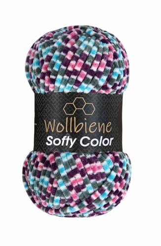 Wollbiene Softy Color 100 Gramm Chenillewolle Strickwolle, Multicolor, 100 Gramm Wolle Super Bulky (118 lila grau rosa türkis) von Wollbiene