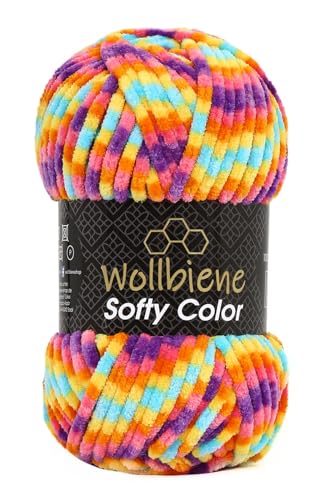 Wollbiene Softy Color 100 Gramm Chenillewolle Strickwolle, Multicolor, 100 Gramm Wolle Super Bulky (119 regenbogen) von Wollbiene
