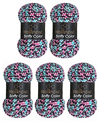Wollbiene Softy Color 5 x 100 Gramm Chenillewolle Strickwolle, Babywolle, 500 Gramm Wolle Super Bulky (lila-grau-rosa-türkis 118) von Wollbiene