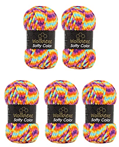 Wollbiene Softy Color 5 x 100 Gramm Chenillewolle Strickwolle, Babywolle, 500 Gramm Wolle Super Bulky (regenbogen 119) von Wollbiene