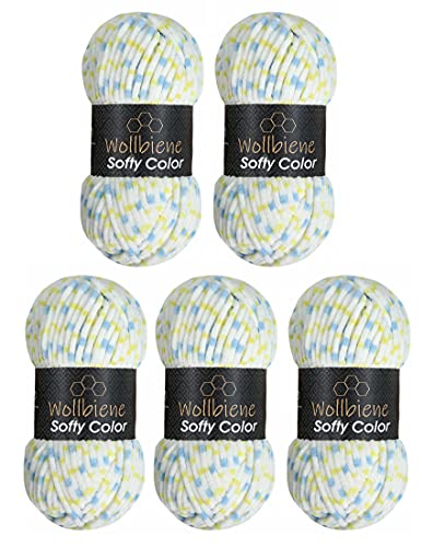 Wollbiene Softy Color 5 x 100 Gramm Chenillewolle Strickwolle, Babywolle, 500 Gramm Wolle Super Bulky (weiß-blau-gelb 114) von Wollbiene