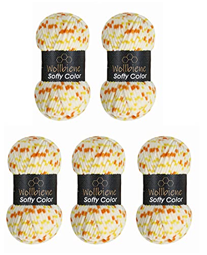 Wollbiene Softy Color 5 x 100 Gramm Chenillewolle Strickwolle, Babywolle, 500 Gramm Wolle Super Bulky (weiß-orange-gelb 116) von Wollbiene