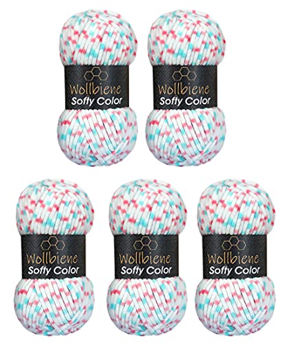 Wollbiene Softy Color 5 x 100 Gramm Chenillewolle Strickwolle, Babywolle, 500 Gramm Wolle Super Bulky (weiß-rosa-petrol 117) von Wollbiene
