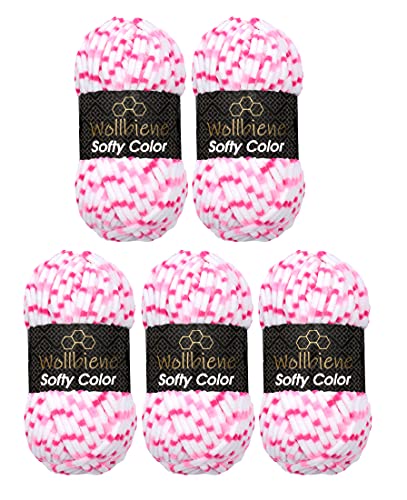 Wollbiene Softy Color 5 x 100 Gramm Chenillewolle Strickwolle, Babywolle, 500 Gramm Wolle Super Bulky (weiß-rosa-pink 113) von Wollbiene
