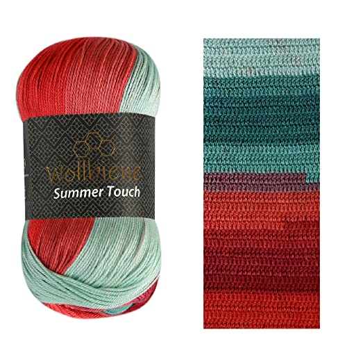 Wollbiene Summer Touch Batik 100 Gramm Wolle Mehrfarbig mit Farbverlauf, 100 Gramm merzerisierte Strickwolle Microfiber-Acryl (514 grün-rot 1) von Wollbiene