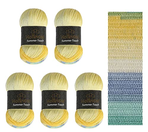 Wollbiene Summer Touch Batik 5 x 100 Gramm Wolle Mehrfarbig mit Farbverlauf, 500 Gramm merzerisierte Strickwolle Microfiber-Acryl (500 gelb-blau mint) von Wollbiene