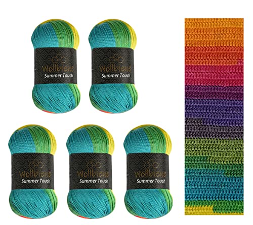 Wollbiene Summer Touch Batik 5 x 100 Gramm Wolle Mehrfarbig mit Farbverlauf, 500 Gramm merzerisierte Strickwolle Microfiber-Acryl (504 regenbogen) von Wollbiene