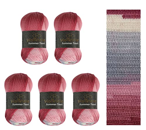 Wollbiene Summer Touch Batik 5 x 100 Gramm Wolle Mehrfarbig mit Farbverlauf, 500 Gramm merzerisierte Strickwolle Microfiber-Acryl (506 blaugrau rose) von Wollbiene
