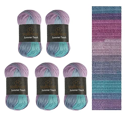 Wollbiene Summer Touch Batik 5 x 100 Gramm Wolle Mehrfarbig mit Farbverlauf, 500 Gramm merzerisierte Strickwolle Microfiber-Acryl (507 türkis lila) von Wollbiene