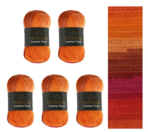 Wollbiene Summer Touch Batik 5 x 100 Gramm Wolle Mehrfarbig mit Farbverlauf, 500 Gramm merzerisierte Strickwolle Microfiber-Acryl (510 orange pink) von Wollbiene