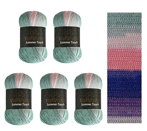 Wollbiene Summer Touch Batik 5 x 100 Gramm Wolle Mehrfarbig mit Farbverlauf, 500 Gramm merzerisierte Strickwolle Microfiber-Acryl (511 rosa mint blau) von Wollbiene