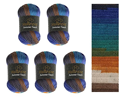 Wollbiene Summer Touch Batik 5 x 100 Gramm Wolle Mehrfarbig mit Farbverlauf, 500 Gramm merzerisierte Strickwolle Microfiber-Acryl (512 türkis braun orange) von Wollbiene