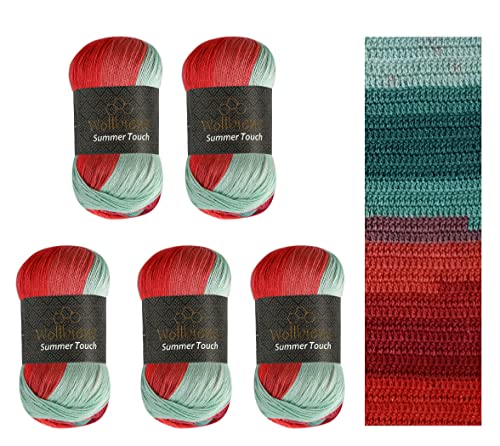 Wollbiene Summer Touch Batik 5 x 100 Gramm Wolle Mehrfarbig mit Farbverlauf, 500 Gramm merzerisierte Strickwolle Microfiber-Acryl (514 grün-rot) von Wollbiene