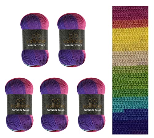 Wollbiene Summer Touch Batik 5 x 100 Gramm Wolle Mehrfarbig mit Farbverlauf, 500 Gramm merzerisierte Strickwolle Microfiber-Acryl (515 lila-gelb-grün) von Wollbiene