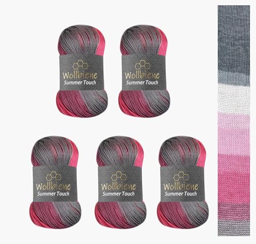 Wollbiene Summer Touch Batik 5 x 100 Gramm Wolle Mehrfarbig mit Farbverlauf, 500 Gramm merzerisierte Strickwolle Microfiber-Acryl (521 grau beere weiß) von Wollbiene