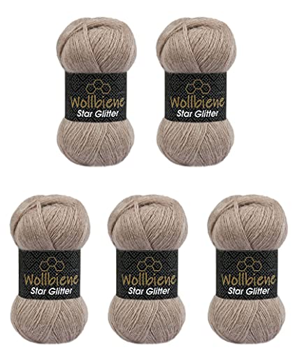 Wollbiene Wolle Wollbiene Star Glitter Simli 5 x 100g Strickwolle mit 20% Wolle 500 Gramm Wolle einfarbig Metallic Glitzerwolle (beige 06) von Wollbiene