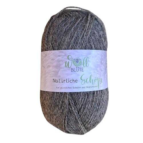 Wollblüte | Natürliche Schafwolle – 100% naturbelassene Wolle | Weich, wärmend & strapazierfähig | Ideal für Pullover, Mützen, Schals & Decken | 100 g Knäuel in Grau (2- fädig) von Wollblüte