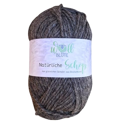 Wollblüte | Natürliche Schafwolle – 100% naturbelassene Wolle | Weich, wärmend & strapazierfähig | Ideal für Pullover, Mützen, Schals & Decken | 100 g Knäuel in Grau (6- fädig) von Wollblüte