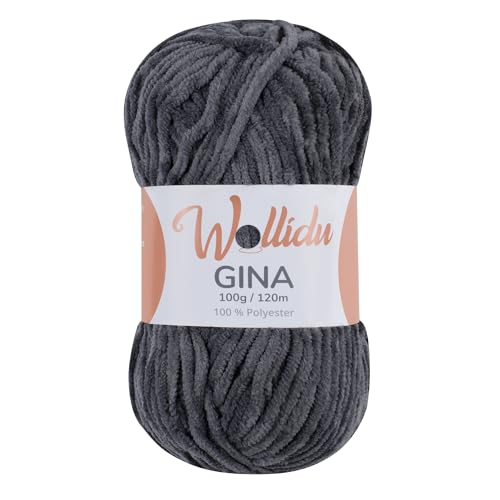 Wollidu Gina Chenille Garn zum Stricken und Häkeln 1 x 100g/120m Set 100% Polyester - Anthrazit Dunkelgrau von Wollidu