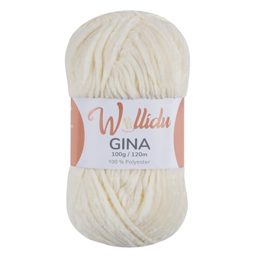 Wollidu Gina Chenille Garn zum Stricken und Häkeln 1 x 100g/120m Set 100% Polyester - Creme von Wollidu