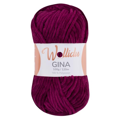 Wollidu Gina Chenille Garn zum Stricken und Häkeln 1 x 100g/120m Set 100% Polyester - Dunkellila Aubergine von Wollidu
