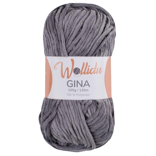 Wollidu Gina Chenille Garn zum Stricken und Häkeln 1 x 100g/120m Set 100% Polyester - Grau von Wollidu