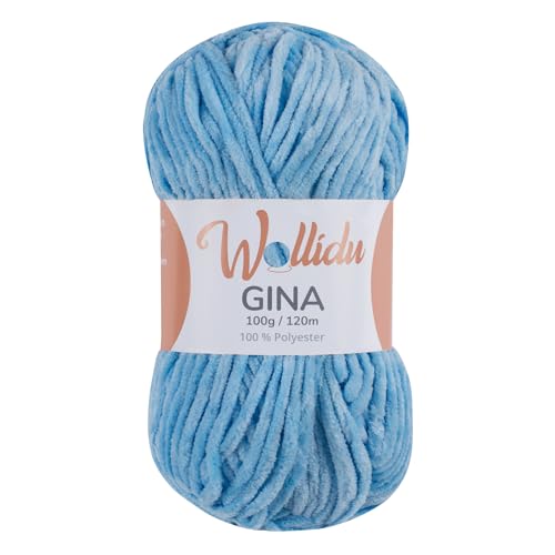 Wollidu Gina Chenille Garn zum Stricken und Häkeln 1 x 100g/120m Set 100% Polyester - Hellblau von Wollidu