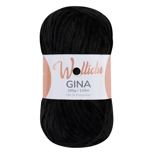 Wollidu Gina Chenille Garn zum Stricken und Häkeln 1 x 100g/120m Set 100% Polyester - Schwarz von Wollidu