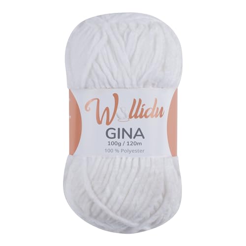 Wollidu Gina Chenille Garn zum Stricken und Häkeln 1 x 100g/120m Set 100% Polyester - Weiß von Wollidu