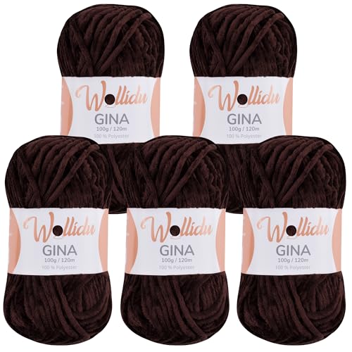 Wollidu Gina Chenille Garn zum Stricken und Häkeln 5 x 100g/120m Set 100% Polyester - Braun von Wollidu