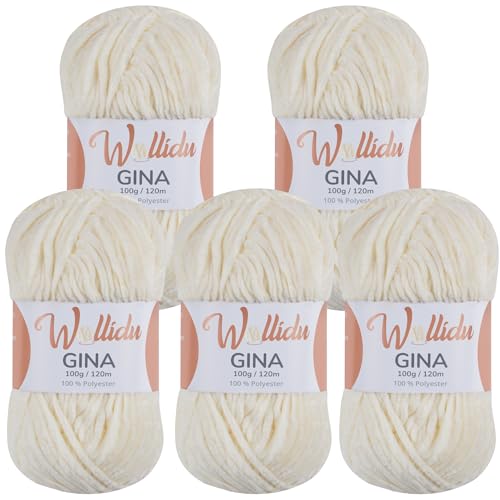 Wollidu Gina Chenille Garn zum Stricken und Häkeln 5 x 100g/120m Set 100% Polyester - Creme von Wollidu