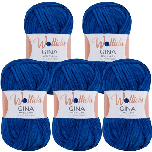 Wollidu Gina Chenille Garn zum Stricken und Häkeln 5 x 100g/120m Set 100% Polyester - Dunkelblau von Wollidu