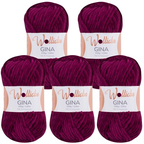 Wollidu Gina Chenille Garn zum Stricken und Häkeln 5 x 100g/120m Set 100% Polyester - Dunkellila Aubergine von Wollidu