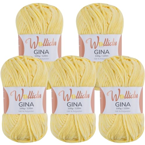 Wollidu Gina Chenille Garn zum Stricken und Häkeln 5 x 100g/120m Set 100% Polyester - Gelb von Wollidu