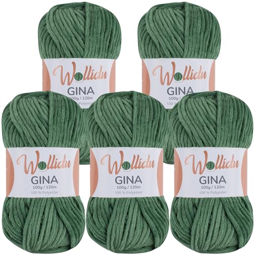 Wollidu Gina Chenille Garn zum Stricken und Häkeln 5 x 100g/120m Set 100% Polyester - Grün von Wollidu