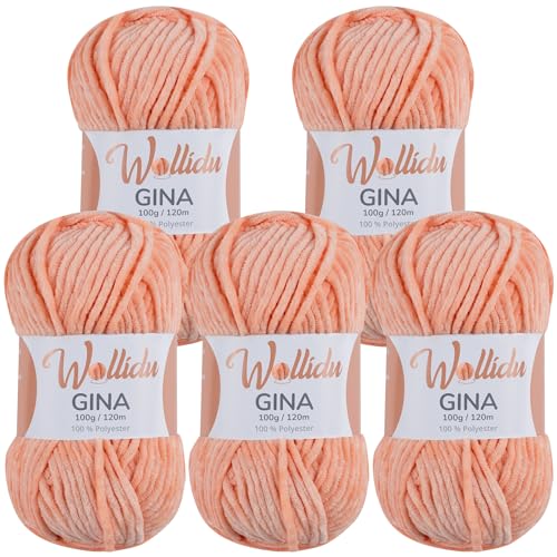 Wollidu Gina Chenille Garn zum Stricken und Häkeln 5 x 100g/120m Set 100% Polyester - Lachs von Wollidu