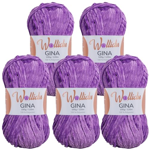 Wollidu Gina Chenille Garn zum Stricken und Häkeln 5 x 100g/120m Set 100% Polyester - Lila von Wollidu