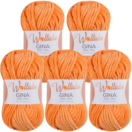 Wollidu Gina Chenille Garn zum Stricken und Häkeln 5 x 100g/120m Set 100% Polyester - Orange von Wollidu