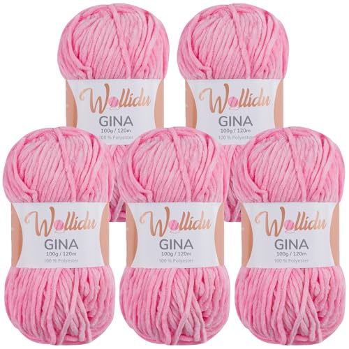 Wollidu Gina Chenille Garn zum Stricken und Häkeln 5 x 100g/120m Set 100% Polyester - Rosa von Wollidu