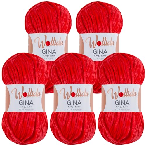 Wollidu Gina Chenille Garn zum Stricken und Häkeln 5 x 100g/120m Set 100% Polyester - Rötliches Orange von Wollidu