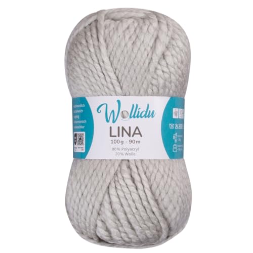 Wollidu Lina Wolle zum Stricken und Häkeln 100g 80% Polyacryl 20% Schafwolle Mulesing-frei Oeko-Tex 1x 100g/90m Häkelwolle/Strickwolle - Hellgrau von Wollidu