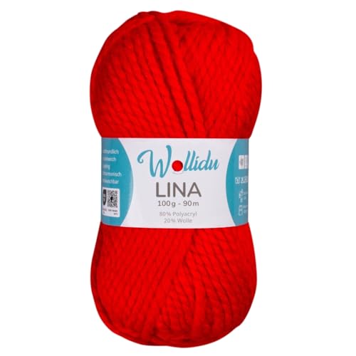Wollidu Lina Wolle zum Stricken und Häkeln 100g 80% Polyacryl 20% Schafwolle Mulesing-frei Oeko-Tex 1x 100g/90m Häkelwolle/Strickwolle - Rot von Wollidu
