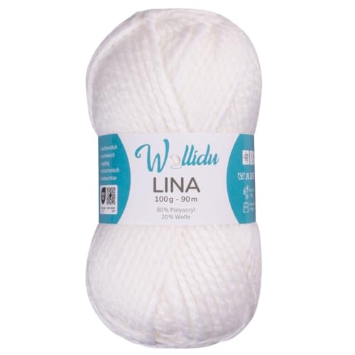 Wollidu Lina Wolle zum Stricken und Häkeln 100g 80% Polyacryl 20% Schafwolle Mulesing-frei Oeko-Tex 1x 100g/90m Häkelwolle/Strickwolle - Weiß von Wollidu