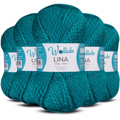 Wollidu Lina Wolle zum Stricken und Häkeln 500g 80% Polyacryl 20% Schafwolle Mulesing-frei Oeko-Tex 5x 100g/90m Häkelwolle/Strickwolle - Petrolblau von Wollidu