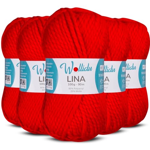 Wollidu Lina Wolle zum Stricken und Häkeln 500g 80% Polyacryl 20% Schafwolle Mulesing-frei Oeko-Tex 5x 100g/90m Häkelwolle/Strickwolle - Rot von Wollidu